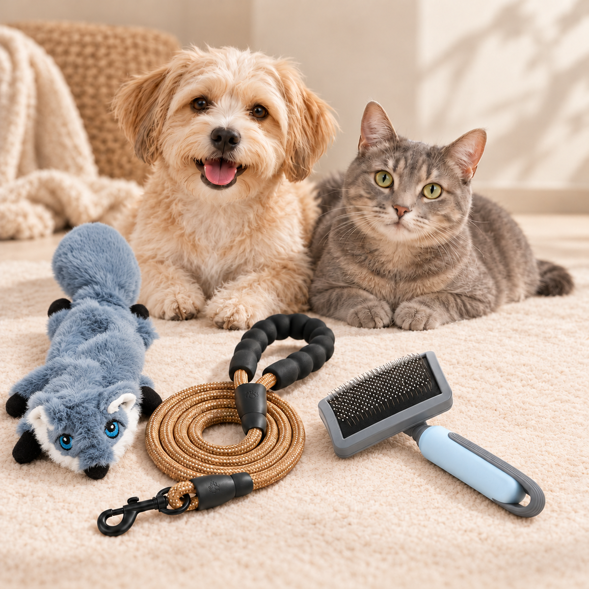 Produktideen für Hund und Katze: Plüschspielzeug, Leine und Pflegebürste in einer warmen Wohnszene.