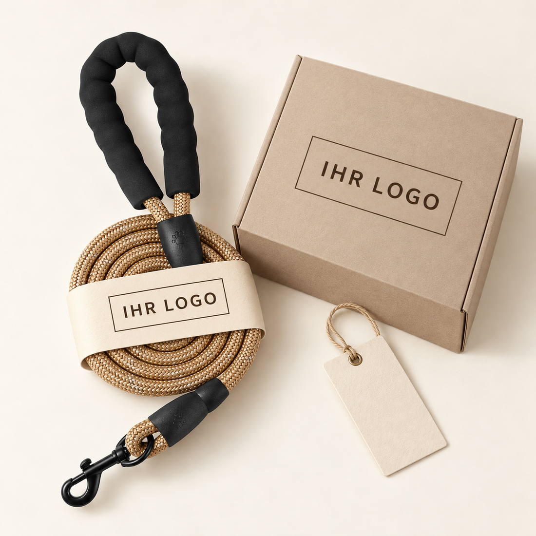Verpackungskonzept für eine geflochtene Leine mit Papierbanderole, Box und deutschem Logo-Platzhalter.