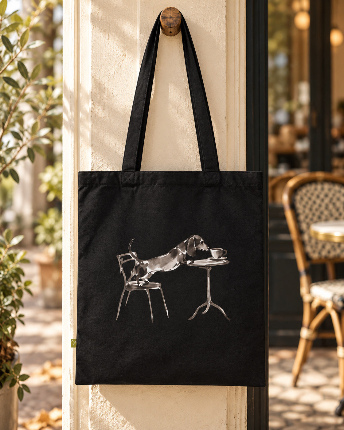 Café-Dackel Tragetasche – Bio-Baumwolle mit Linienmotiv