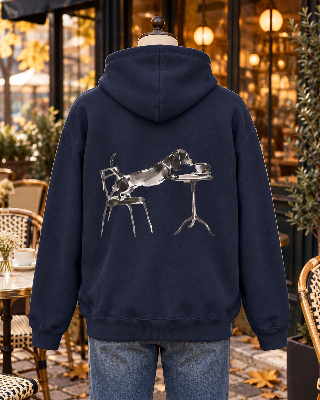 Café-Dackel Hoodie – Minimalistische Linienzeichnung