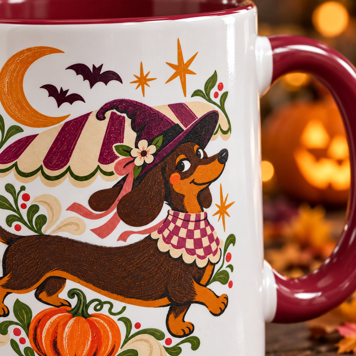 Moonlit Dachshund Mug – Halloween Two-Tone Cup