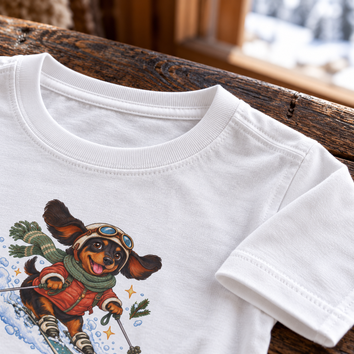 Ski-Pfoten-Dackel Kinder-T-Shirt – Verschneites Abenteuer