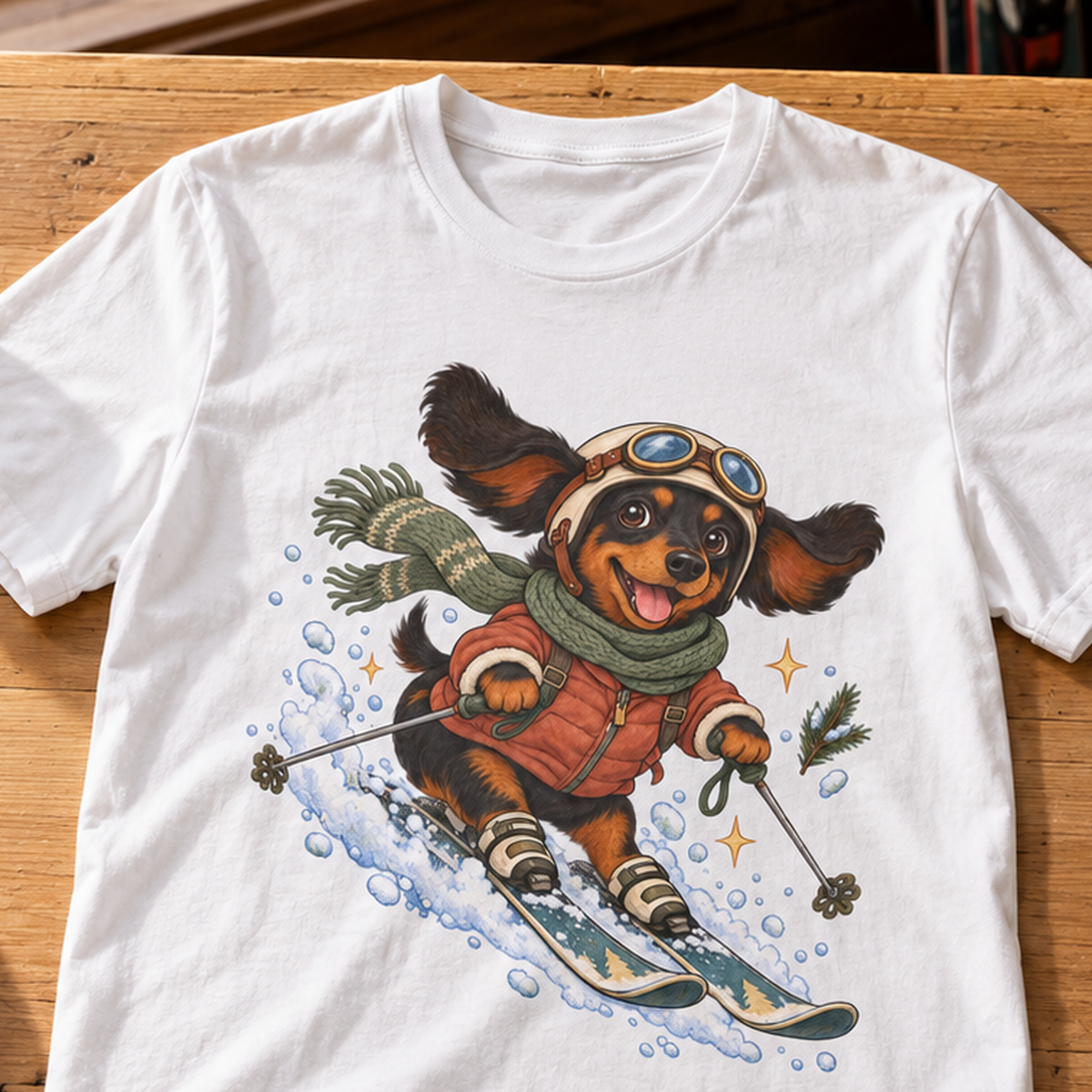 Ski-Pfoten-Dackel T-Shirt – Winterabenteuer