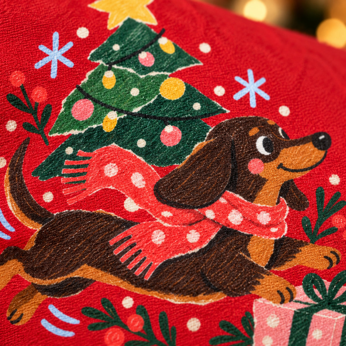 Weihnachtsflitzer-Dackel Tragetasche – Festliches Motiv aus Bio-Baumwolle