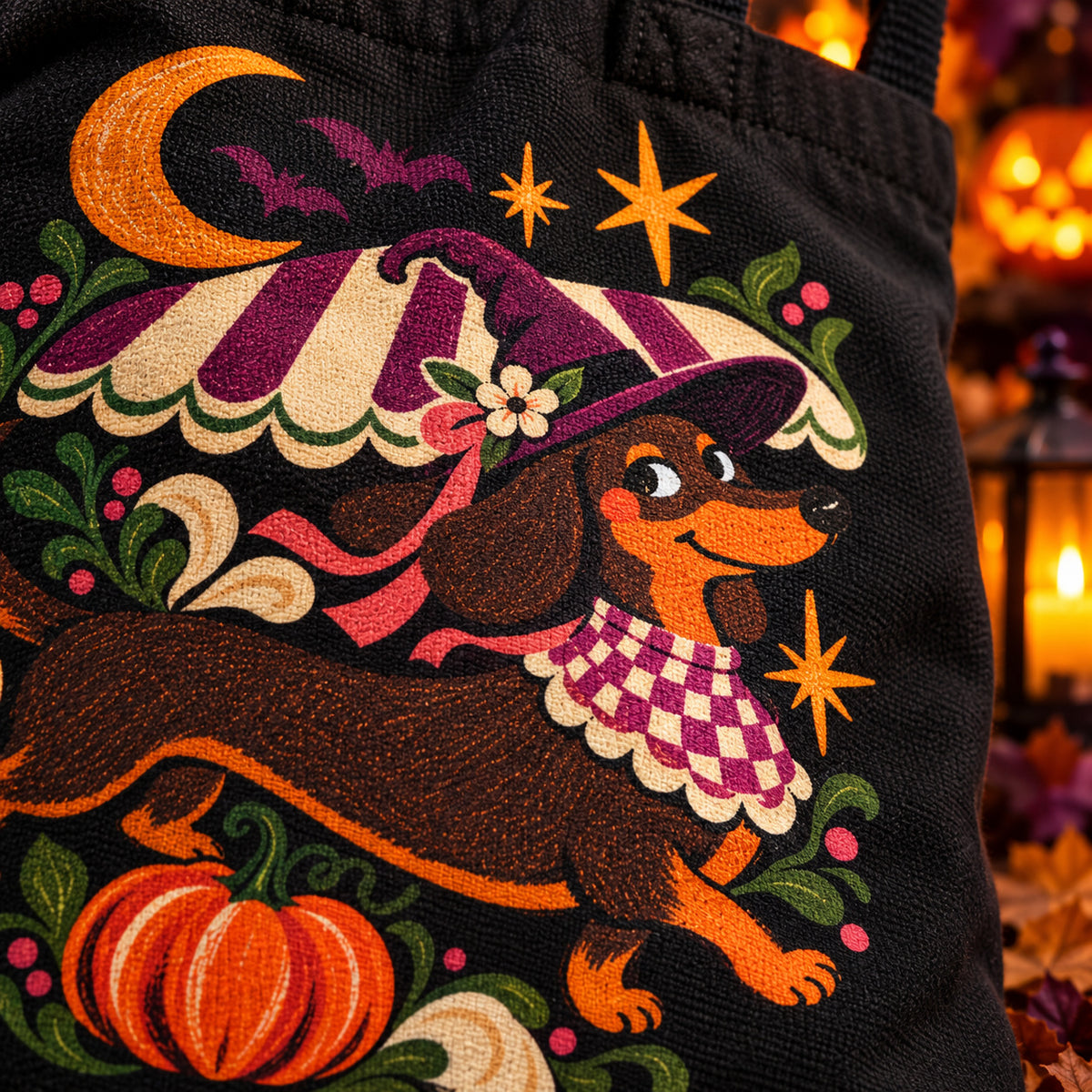 Mondlicht-Dackel Tragetasche – Halloweenmotiv aus Bio-Baumwolle