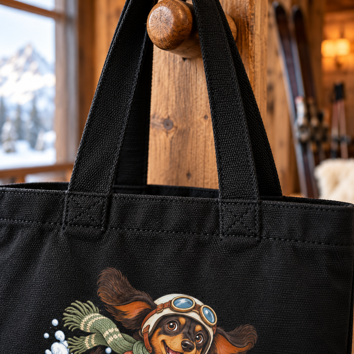 Ski-Pfoten-Dackel Tragetasche – Wintermotiv aus Bio-Baumwolle