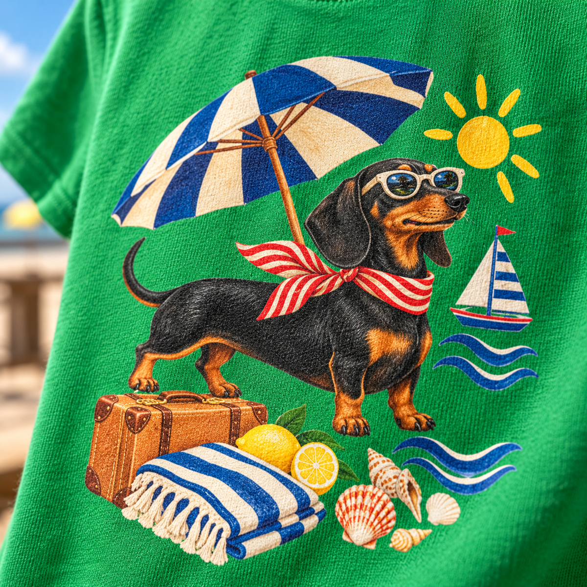 Strandpfoten-Dackel Kinder-T-Shirt – Sommerabenteuer