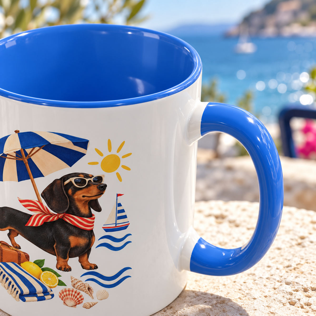 Strandpfoten-Dackel Tasse – Sonniger Zweifarben-Becher
