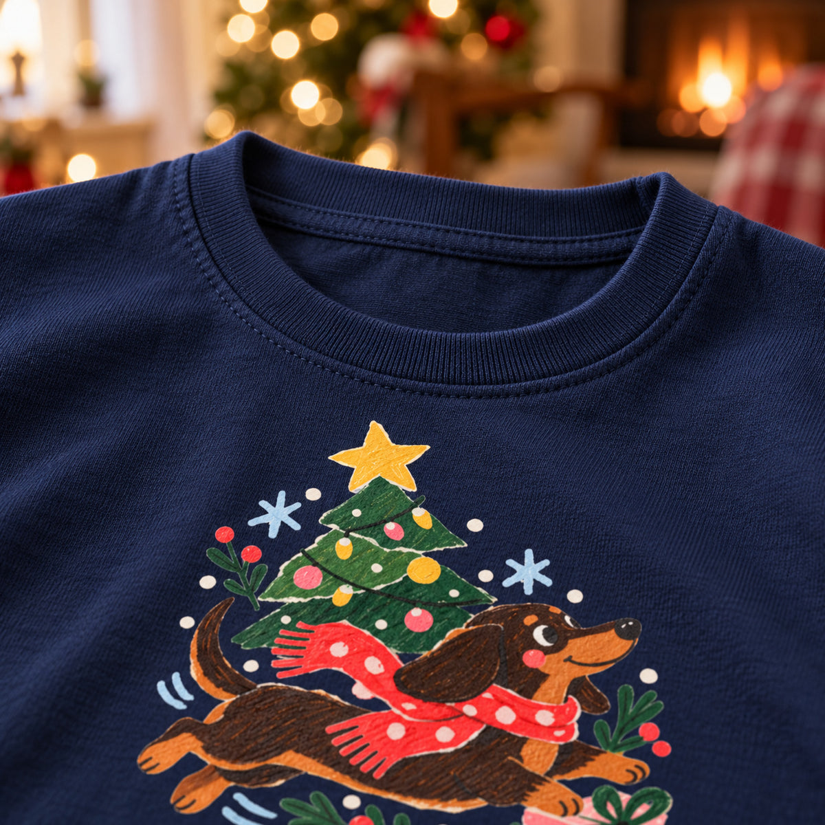Christmas Dasher Dachshund Kids’ T-Shirt – Tree & Gifts