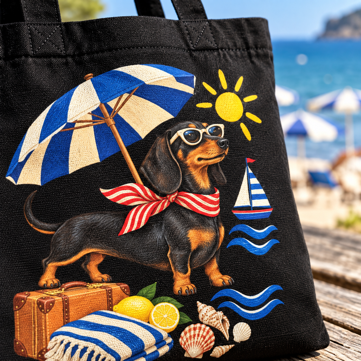 Beach Paws Dachshund Tote – Organic Cotton Summer Bag