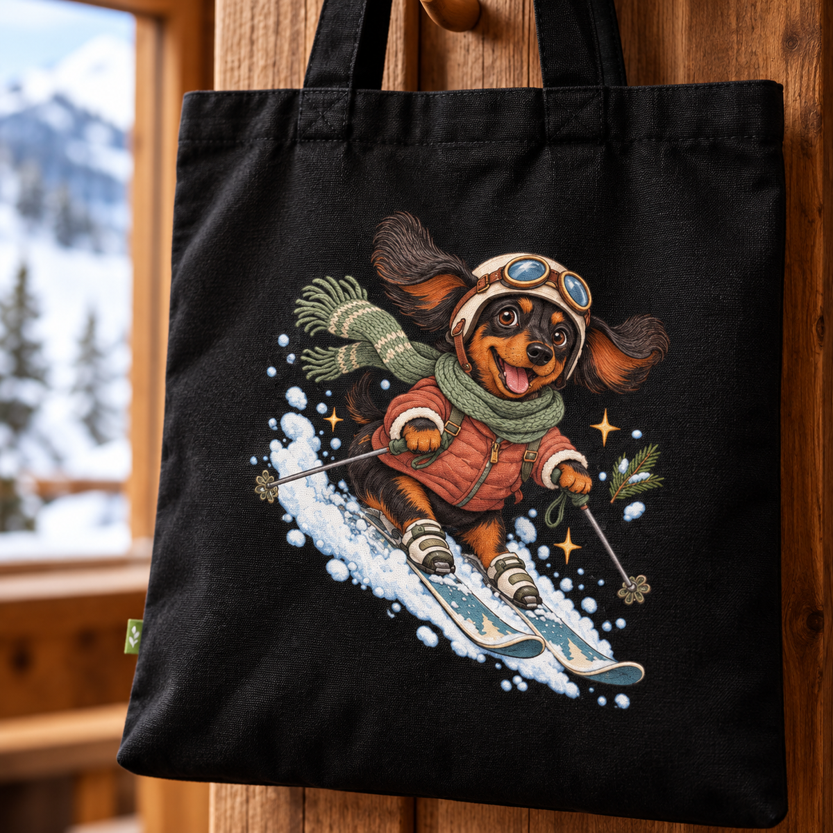 Ski-Pfoten-Dackel Tragetasche – Wintermotiv aus Bio-Baumwolle