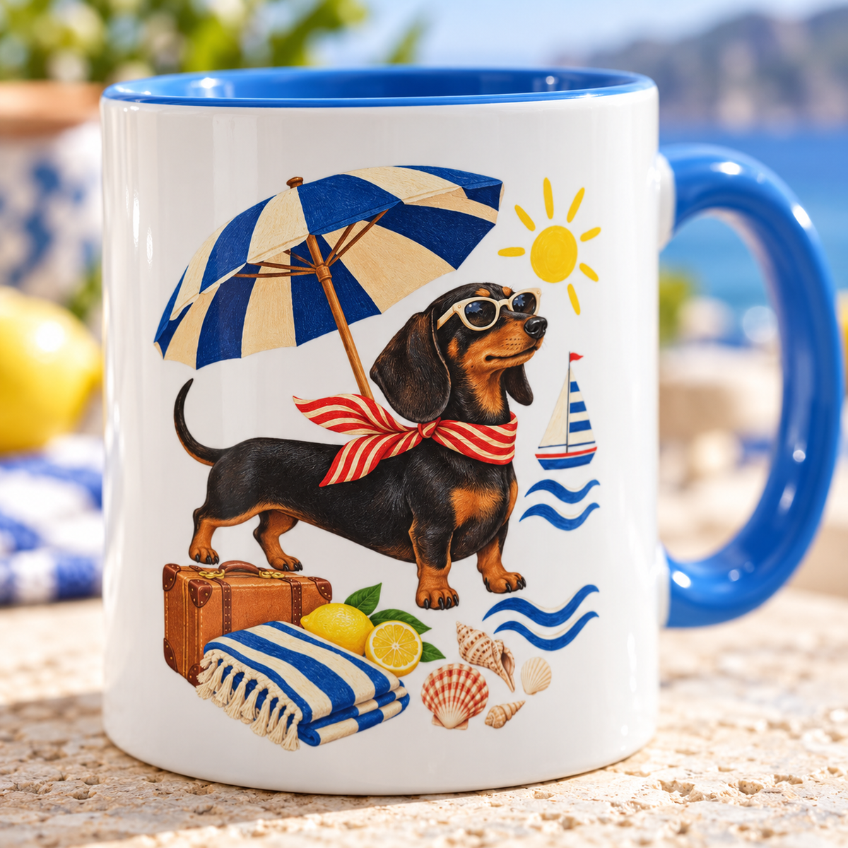 Strandpfoten-Dackel Tasse – Sonniger Zweifarben-Becher
