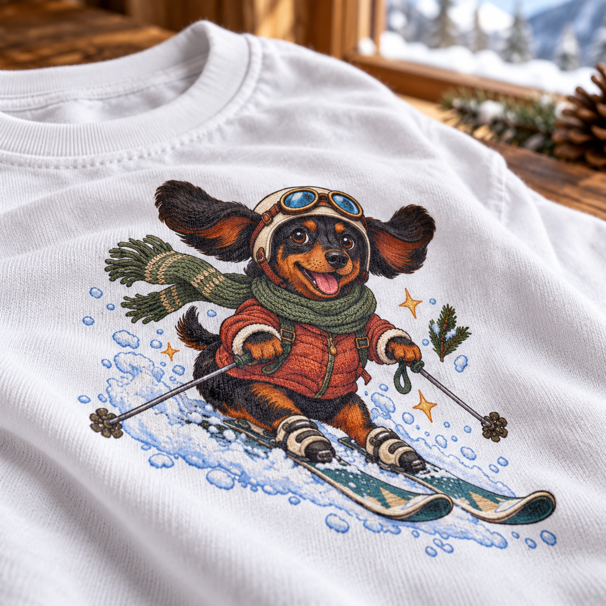 Ski-Pfoten-Dackel Kinder-T-Shirt – Verschneites Abenteuer