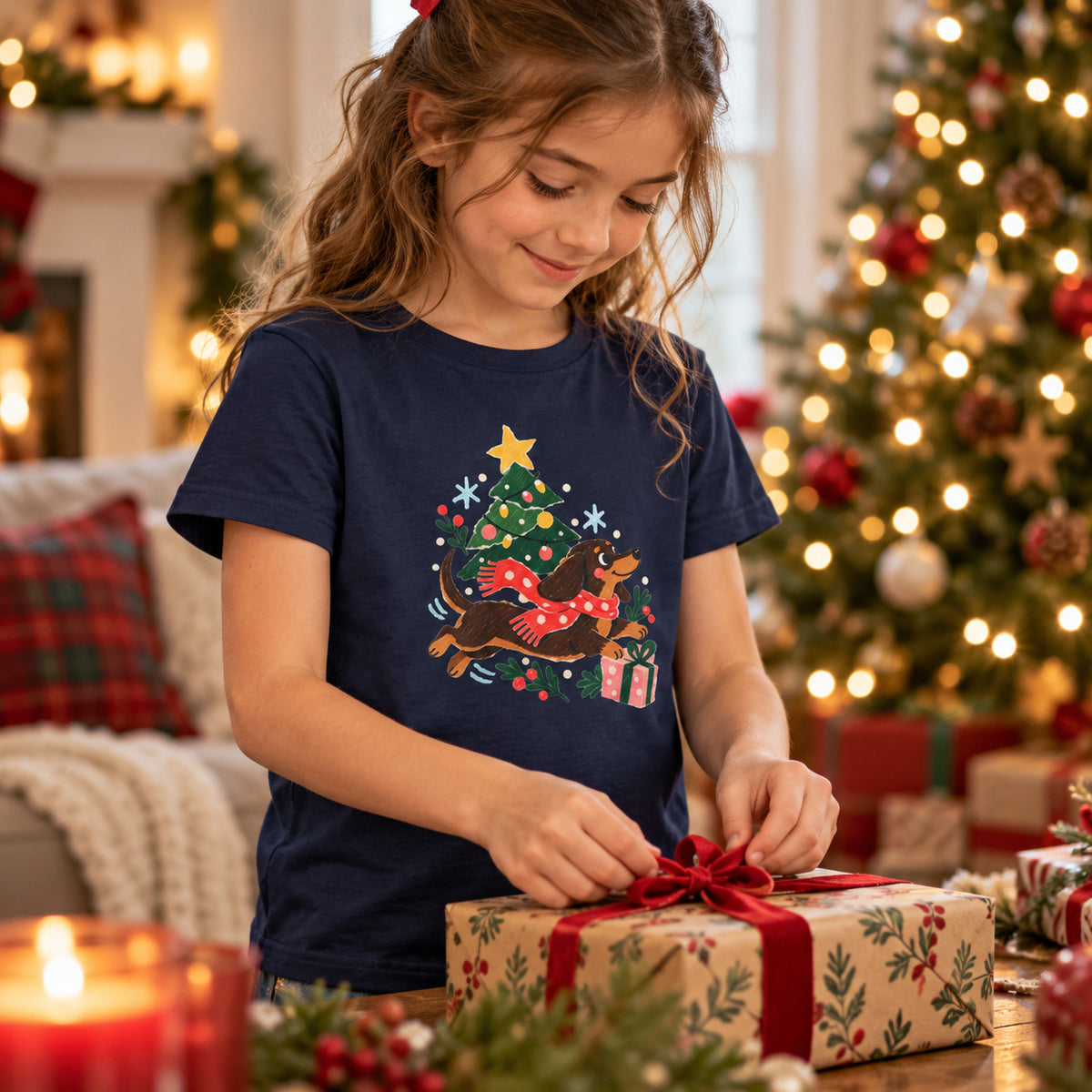 Christmas Dasher Dachshund Kids’ T-Shirt – Tree & Gifts