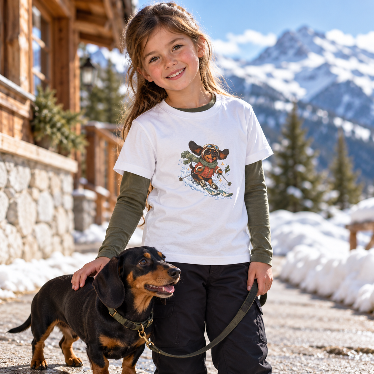 Ski-Pfoten-Dackel Kinder-T-Shirt – Verschneites Abenteuer