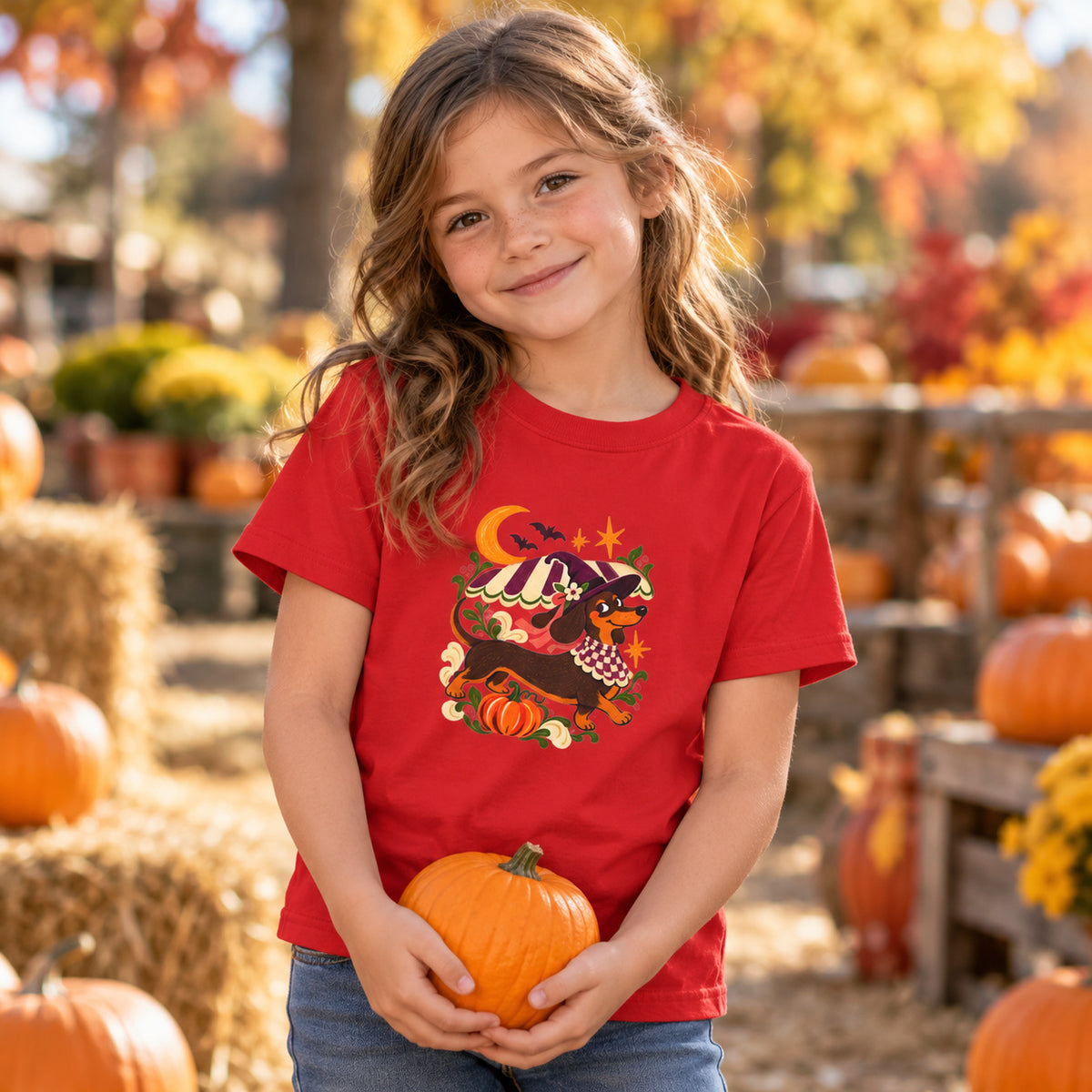 Hexen-Dackel Kinder-T-Shirt – Halloween-Motiv