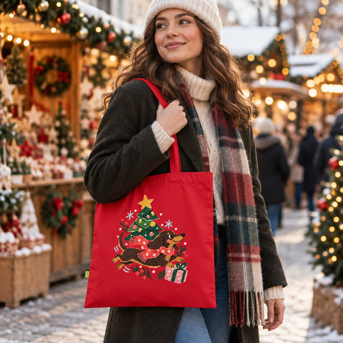 Weihnachtsflitzer-Dackel Tragetasche – Festliches Motiv aus Bio-Baumwolle