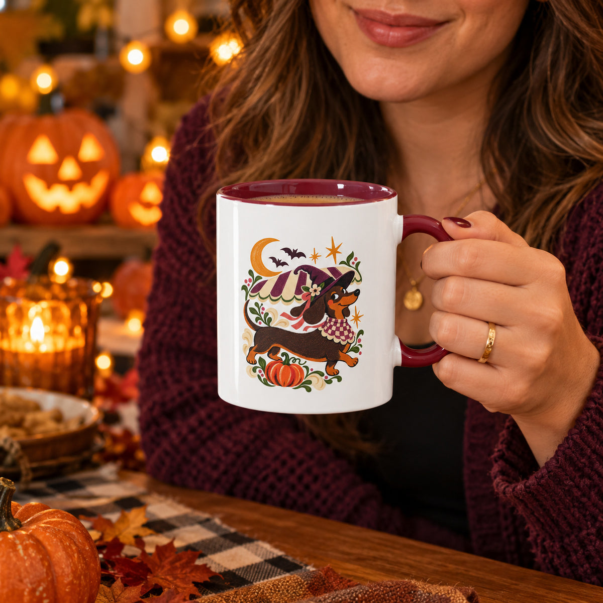 Moonlit Dachshund Mug – Halloween Two-Tone Cup