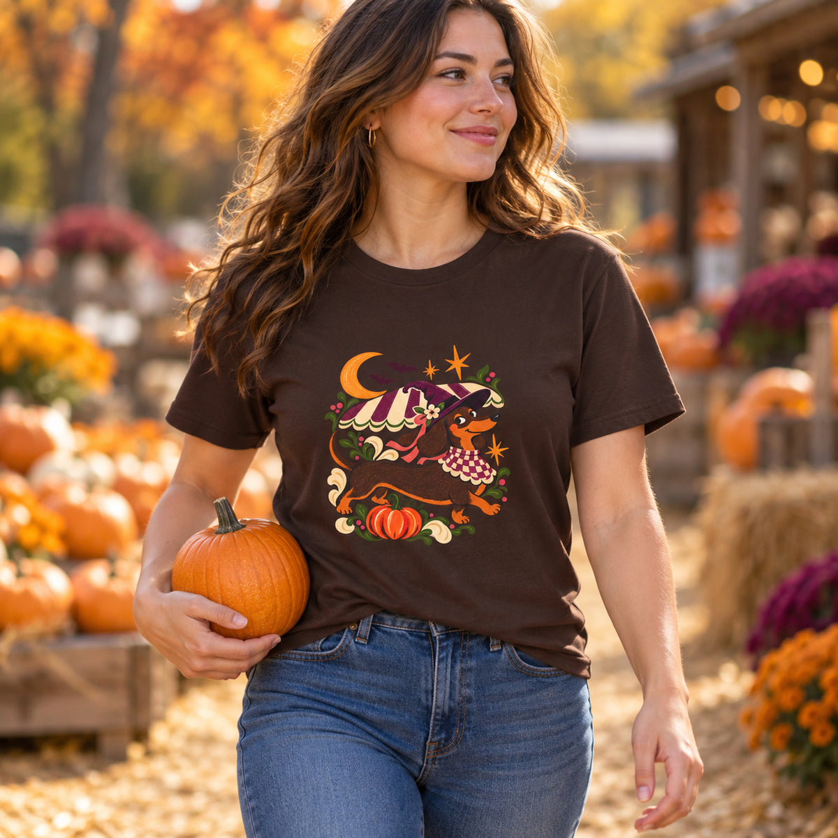 Mondlicht-Dackel T-Shirt – Halloween-Hexenmotiv