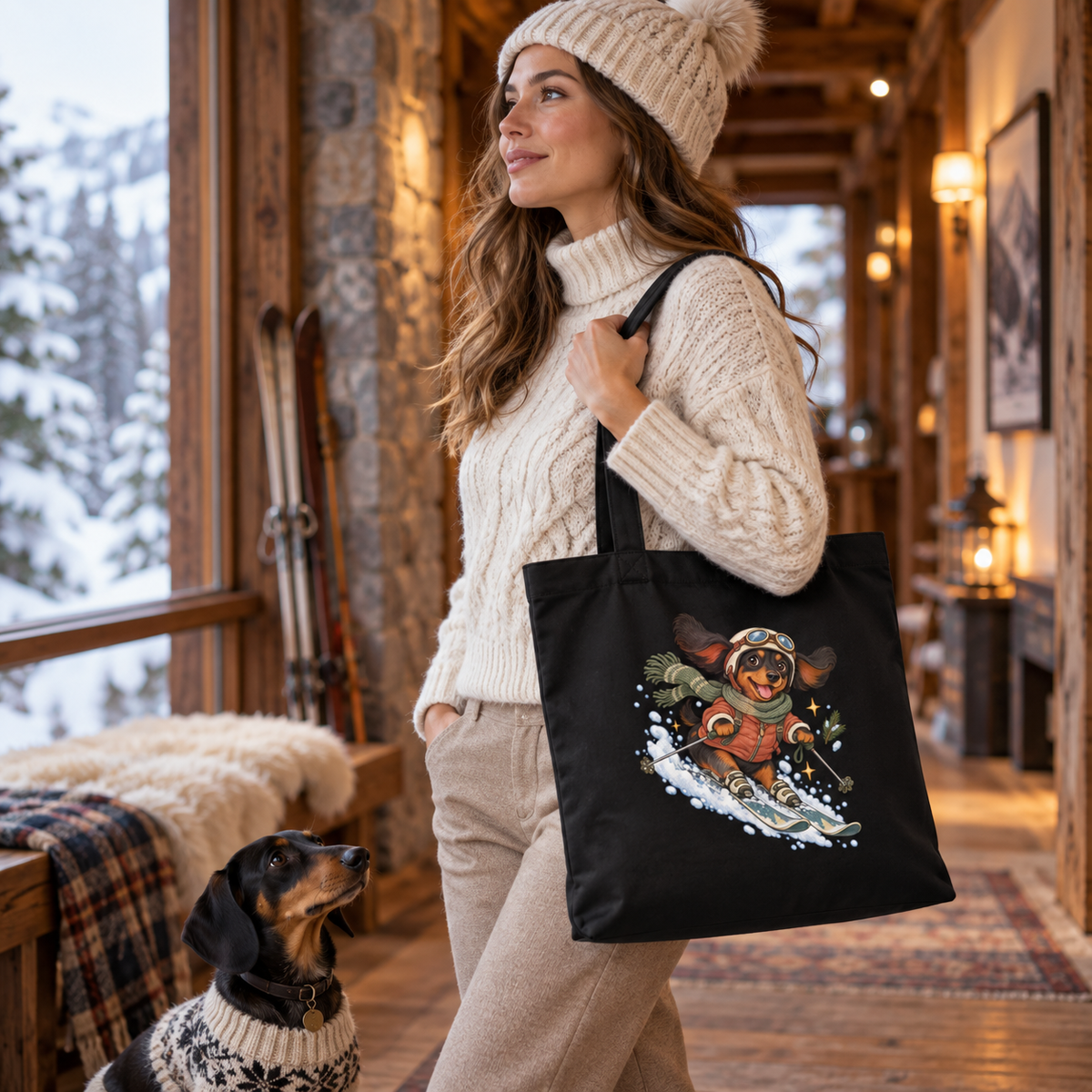 Ski-Pfoten-Dackel Tragetasche – Wintermotiv aus Bio-Baumwolle