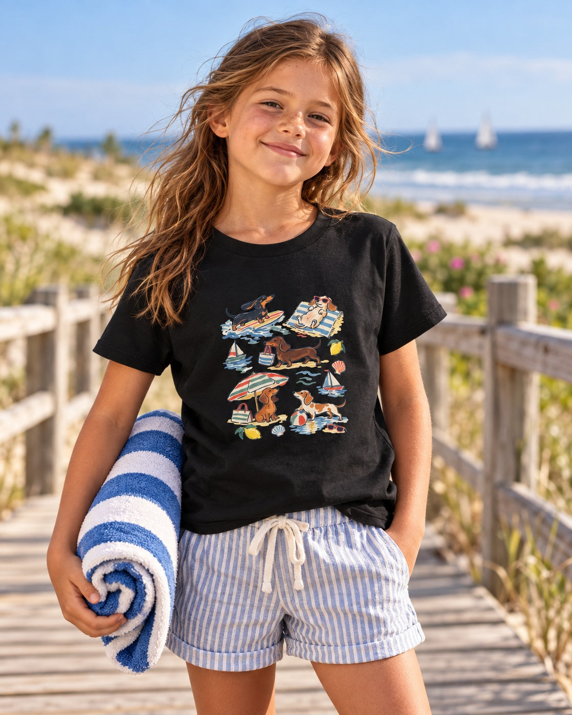Dackelgeschichten vom Meer Kinder-T-Shirt – Verspieltes Strandmotiv