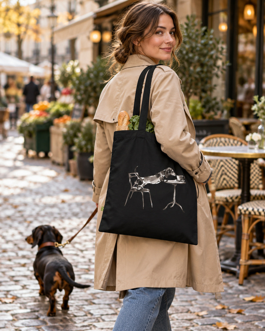 Café-Dackel Tragetasche – Bio-Baumwolle mit Linienmotiv