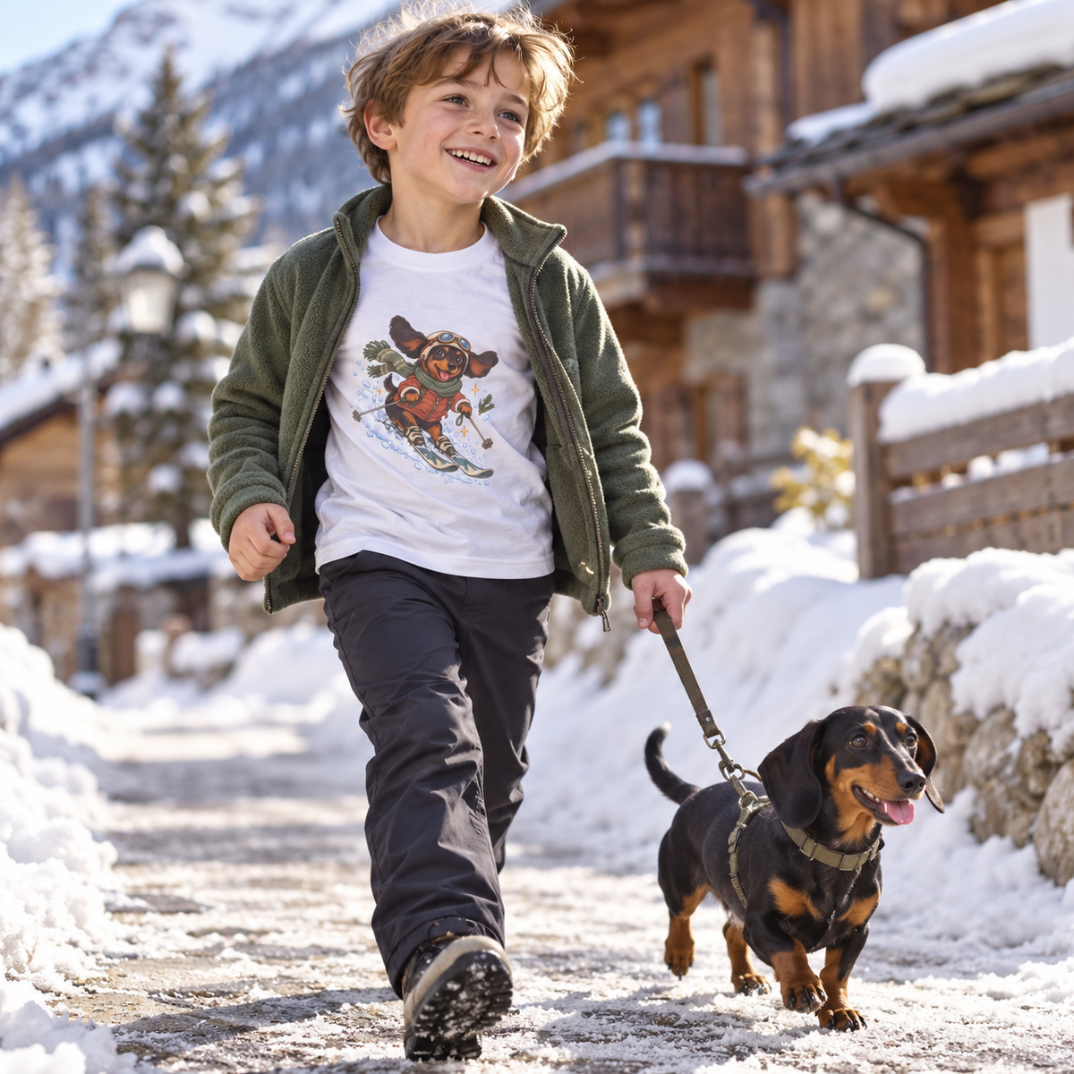 Ski-Pfoten-Dackel Kinder-T-Shirt – Verschneites Abenteuer