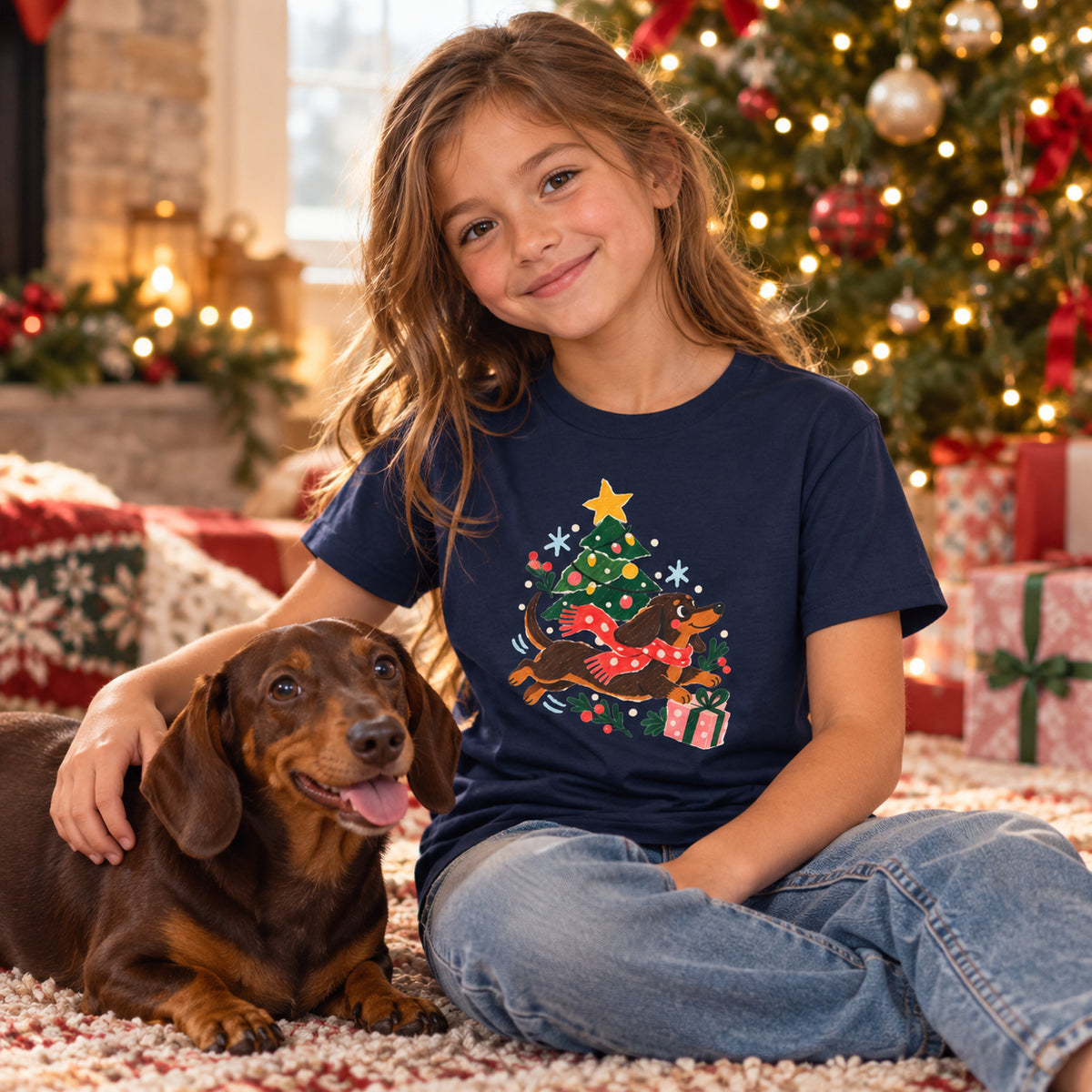 Christmas Dasher Dachshund Kids’ T-Shirt – Tree & Gifts