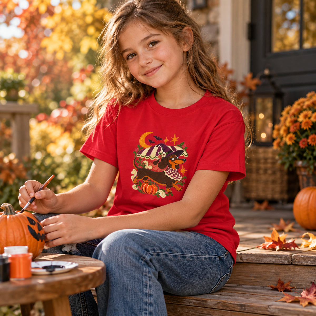 Hexen-Dackel Kinder-T-Shirt – Halloween-Motiv