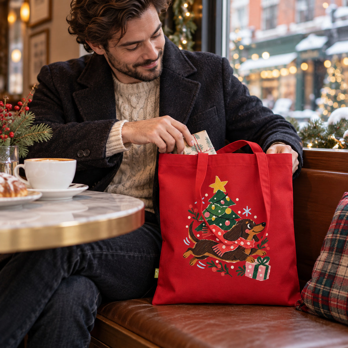 Weihnachtsflitzer-Dackel Tragetasche – Festliches Motiv aus Bio-Baumwolle