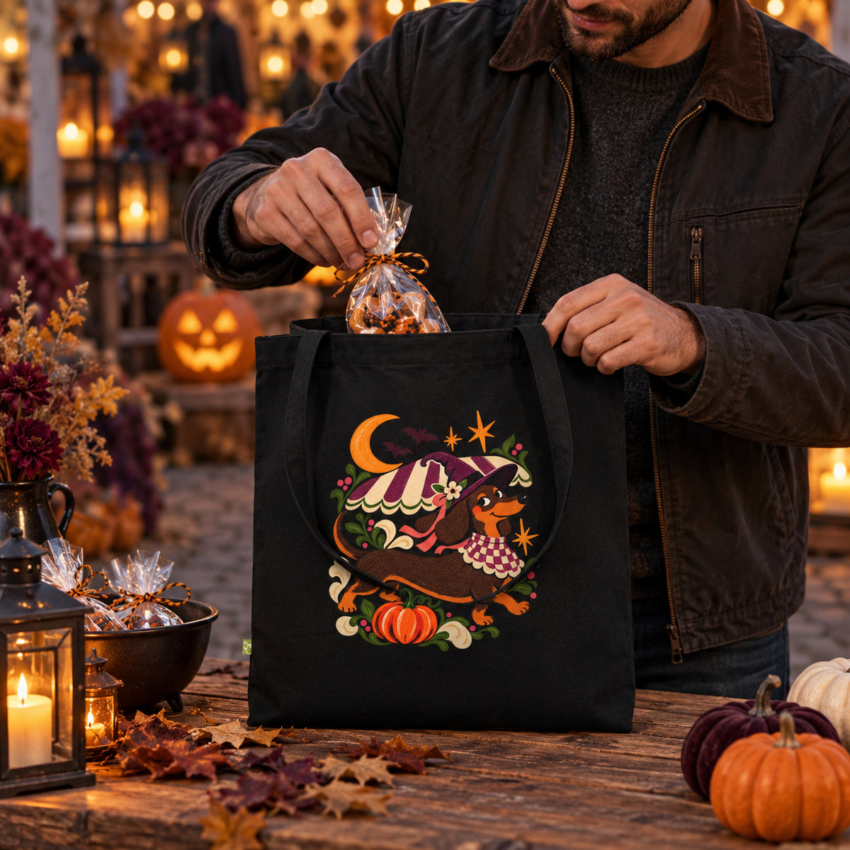 Mondlicht-Dackel Tragetasche – Halloweenmotiv aus Bio-Baumwolle