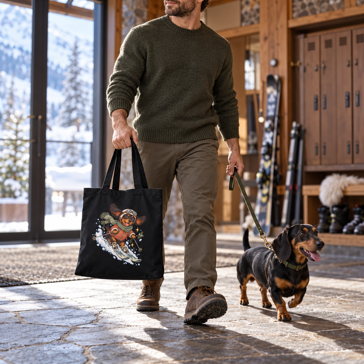 Ski-Pfoten-Dackel Tragetasche – Wintermotiv aus Bio-Baumwolle