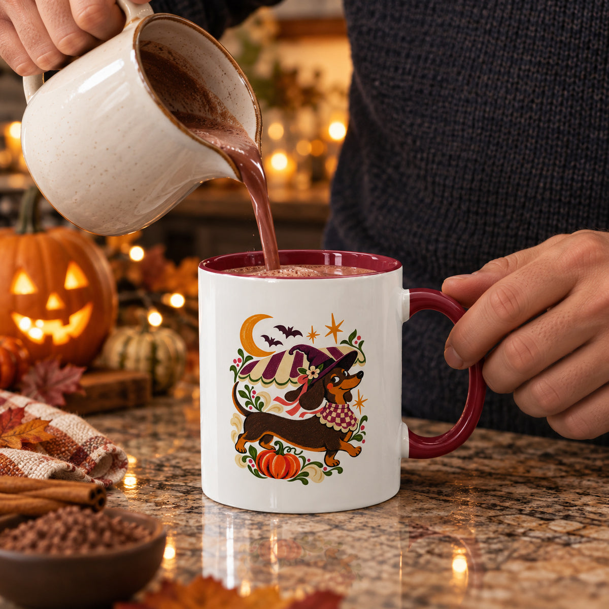 Moonlit Dachshund Mug – Halloween Two-Tone Cup