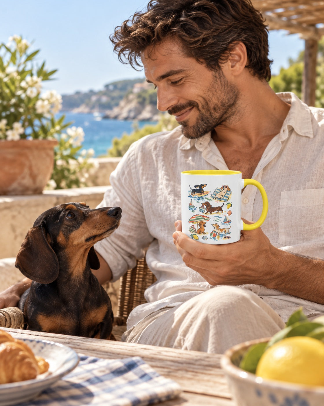 Dackelgeschichten vom Meer Tasse – Sommerlicher Zweifarben-Becher