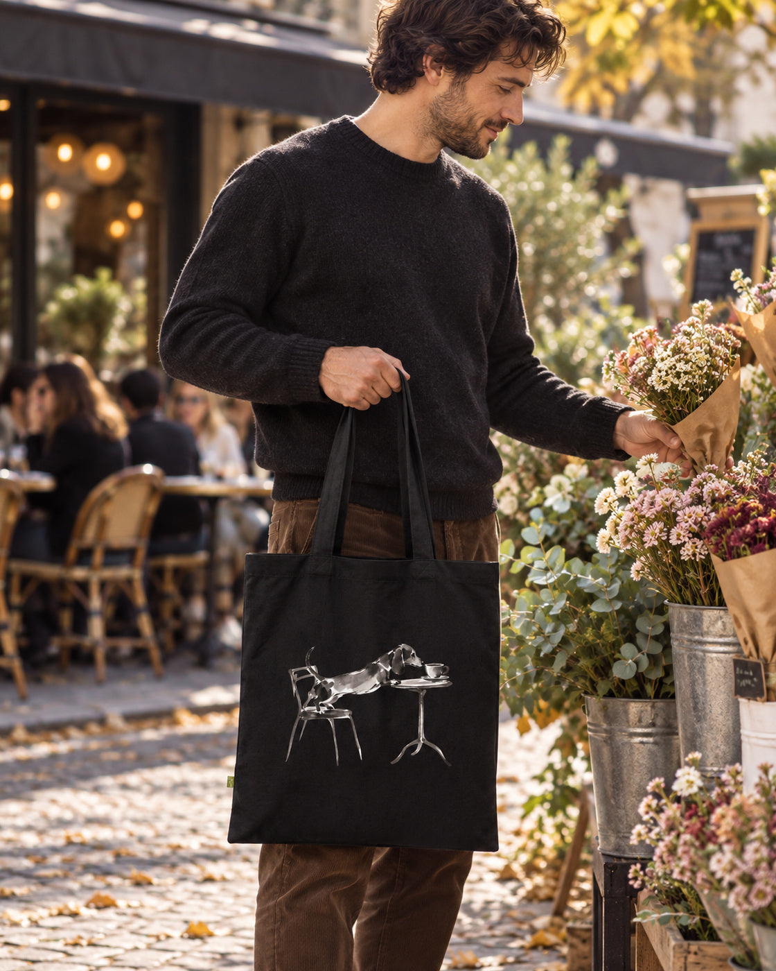 Café-Dackel Tragetasche – Bio-Baumwolle mit Linienmotiv