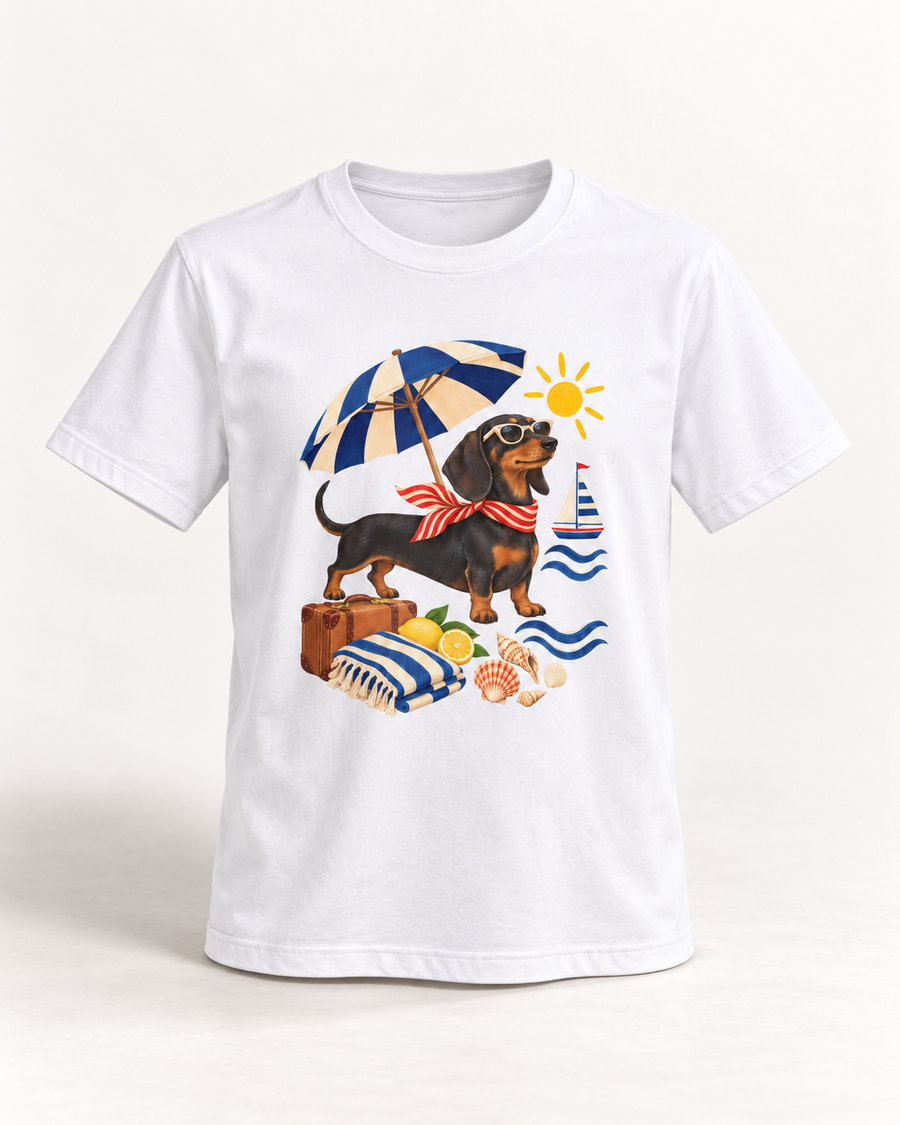 Strandpfoten-Dackel T-Shirt – Sonniges Urlaubsmotiv
