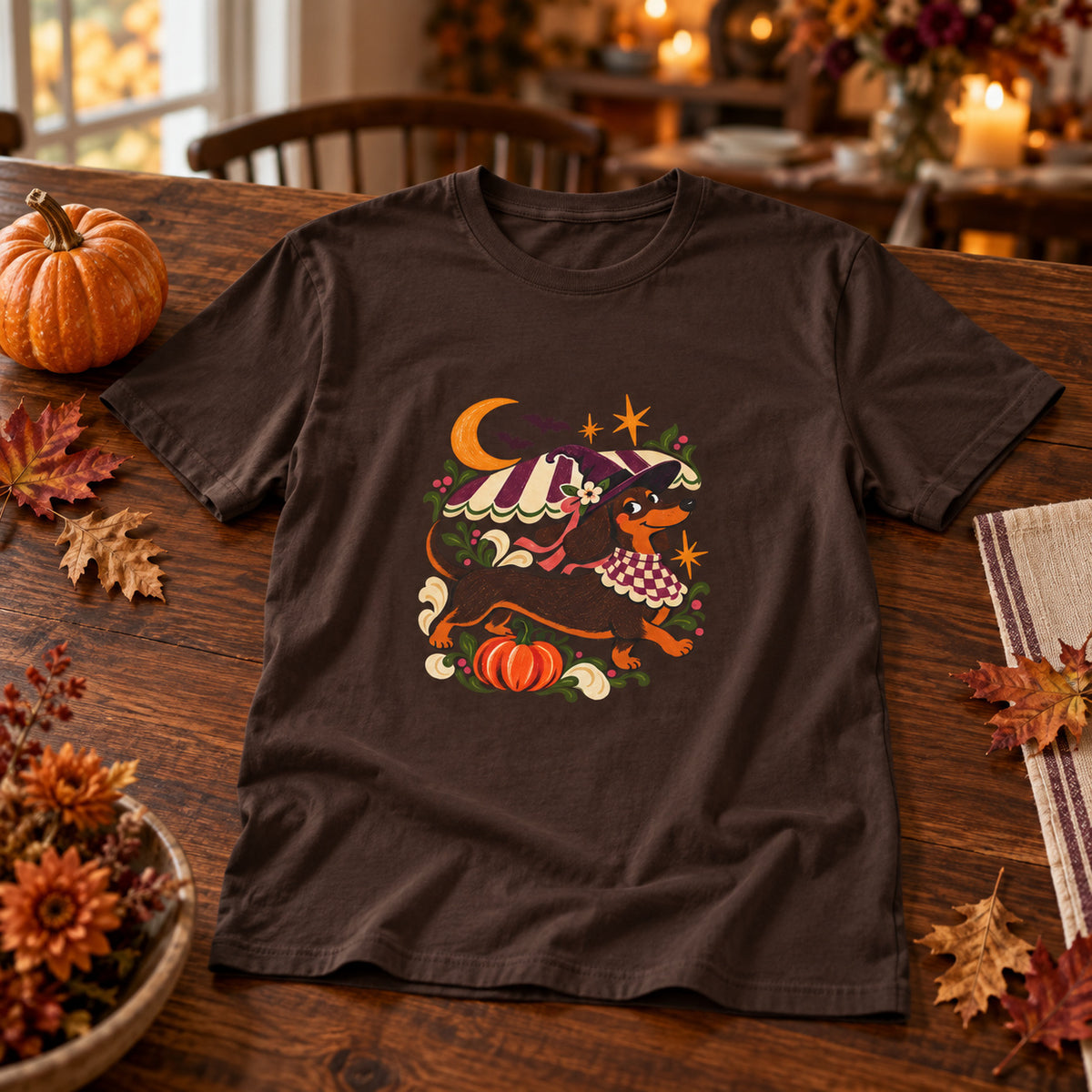 Mondlicht-Dackel T-Shirt – Halloween-Hexenmotiv