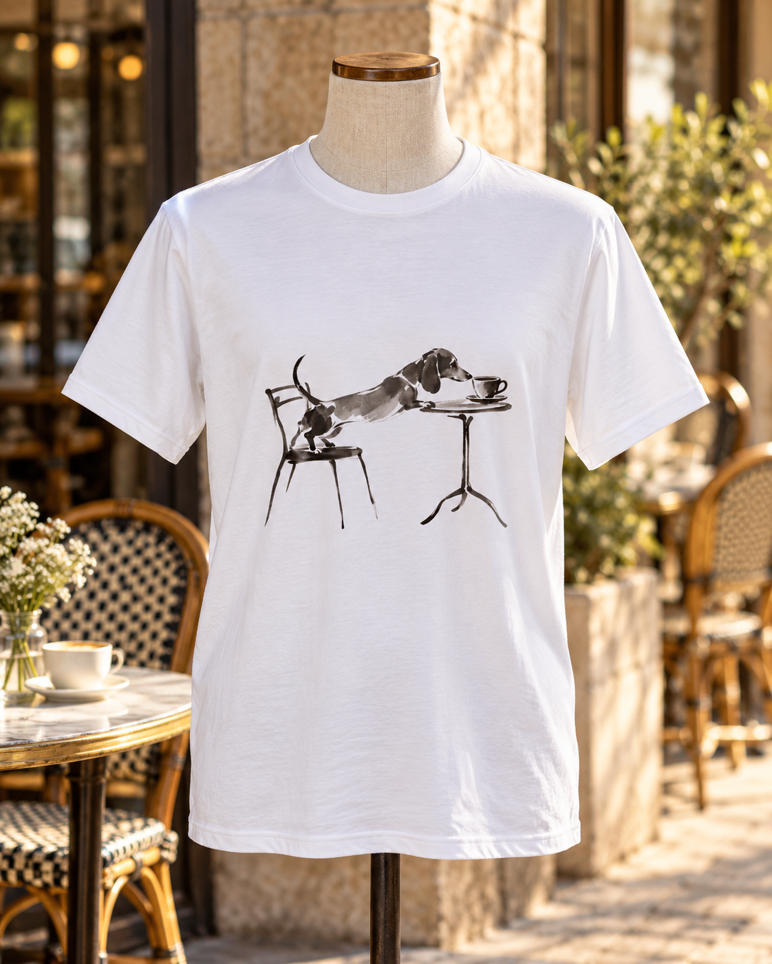 Café-Dackel T-Shirt – Minimalistische Linienzeichnung