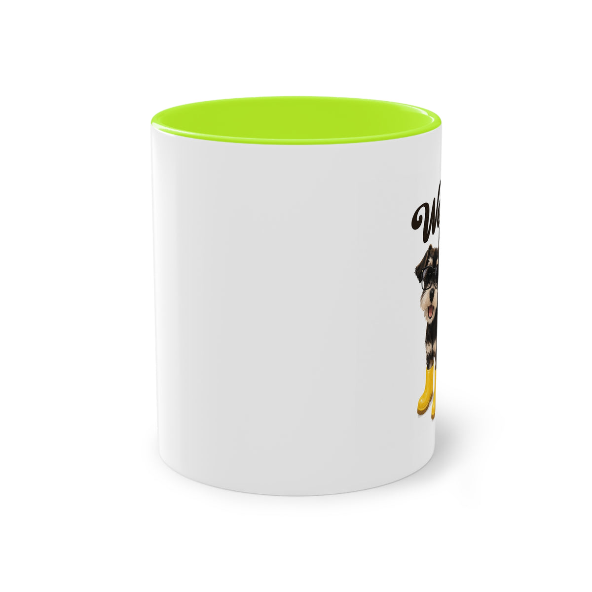 Dog Mom Coffee Mug — Cute Puppy in Rain Boots Two-Tone 11oz