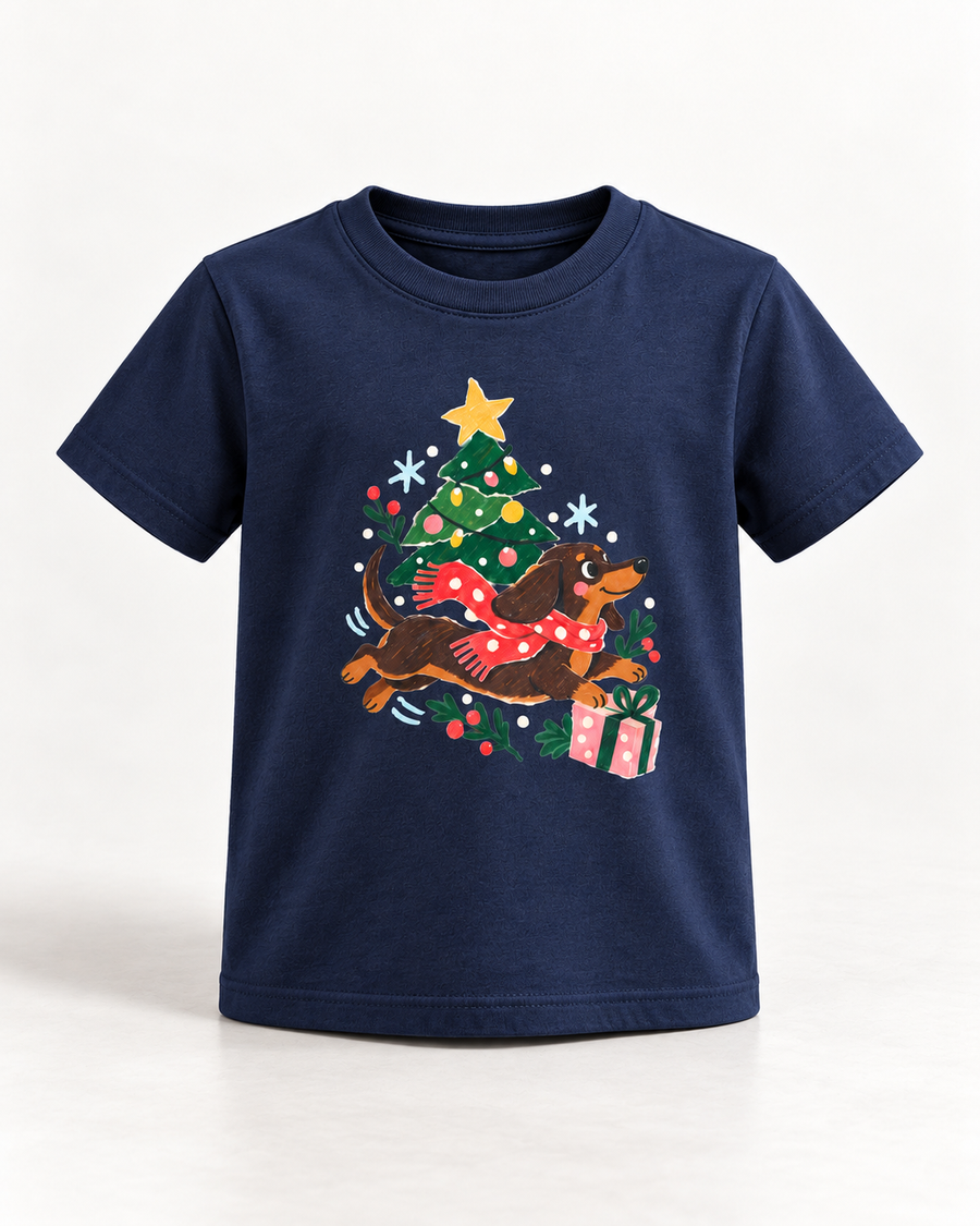Weihnachtsflitzer-Dackel Kinder-T-Shirt – Baum und Geschenke