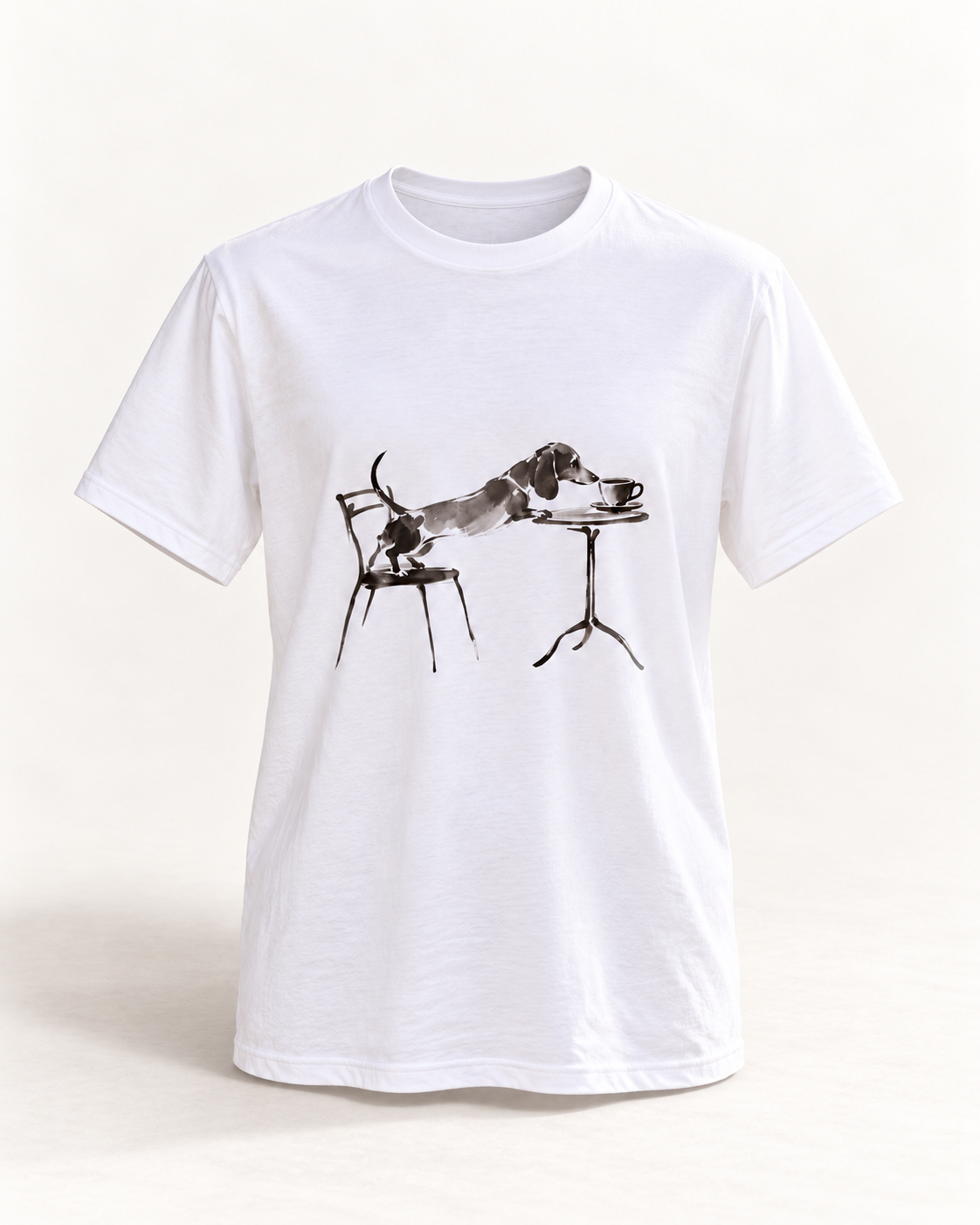 Café-Dackel T-Shirt – Minimalistische Linienzeichnung