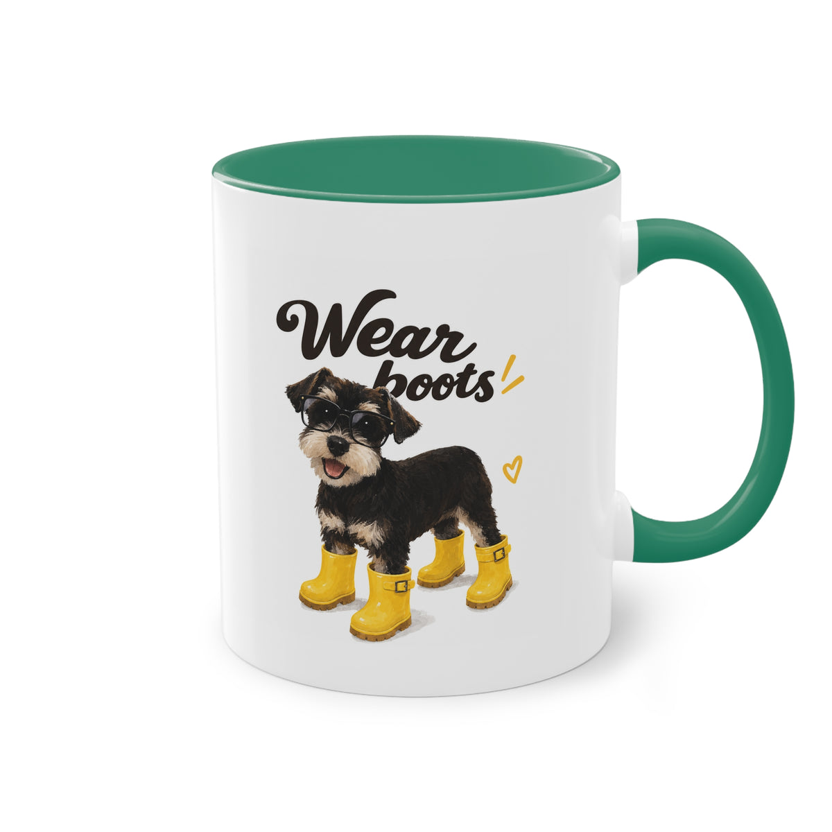 Dog Mom Coffee Mug — Cute Puppy in Rain Boots Two-Tone 11oz