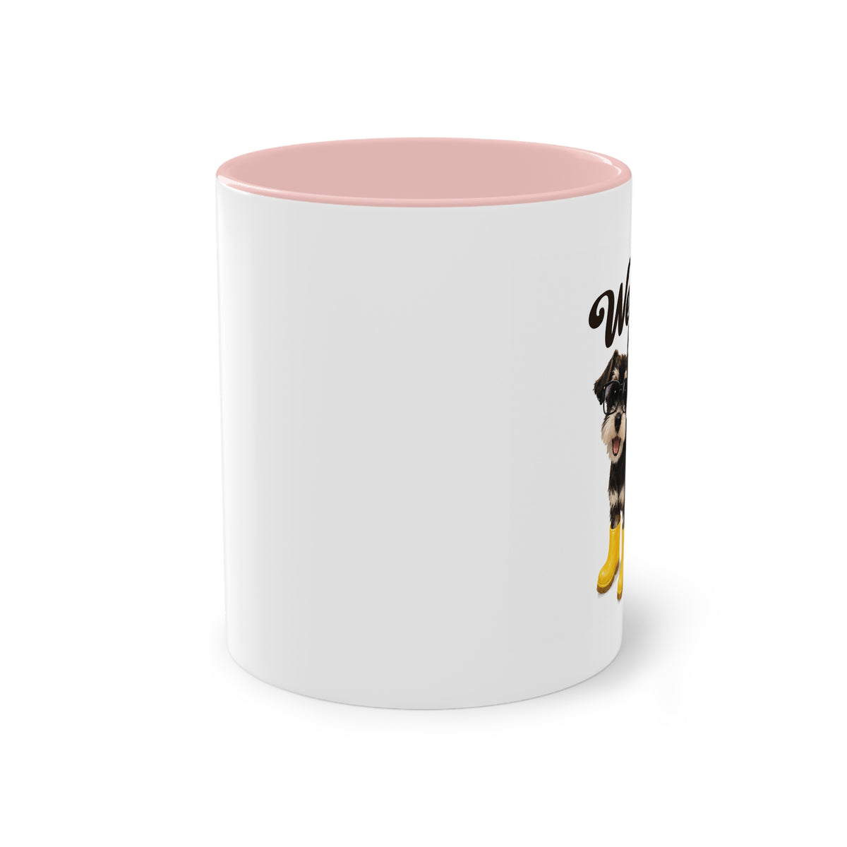 Dog Mom Coffee Mug — Cute Puppy in Rain Boots Two-Tone 11oz