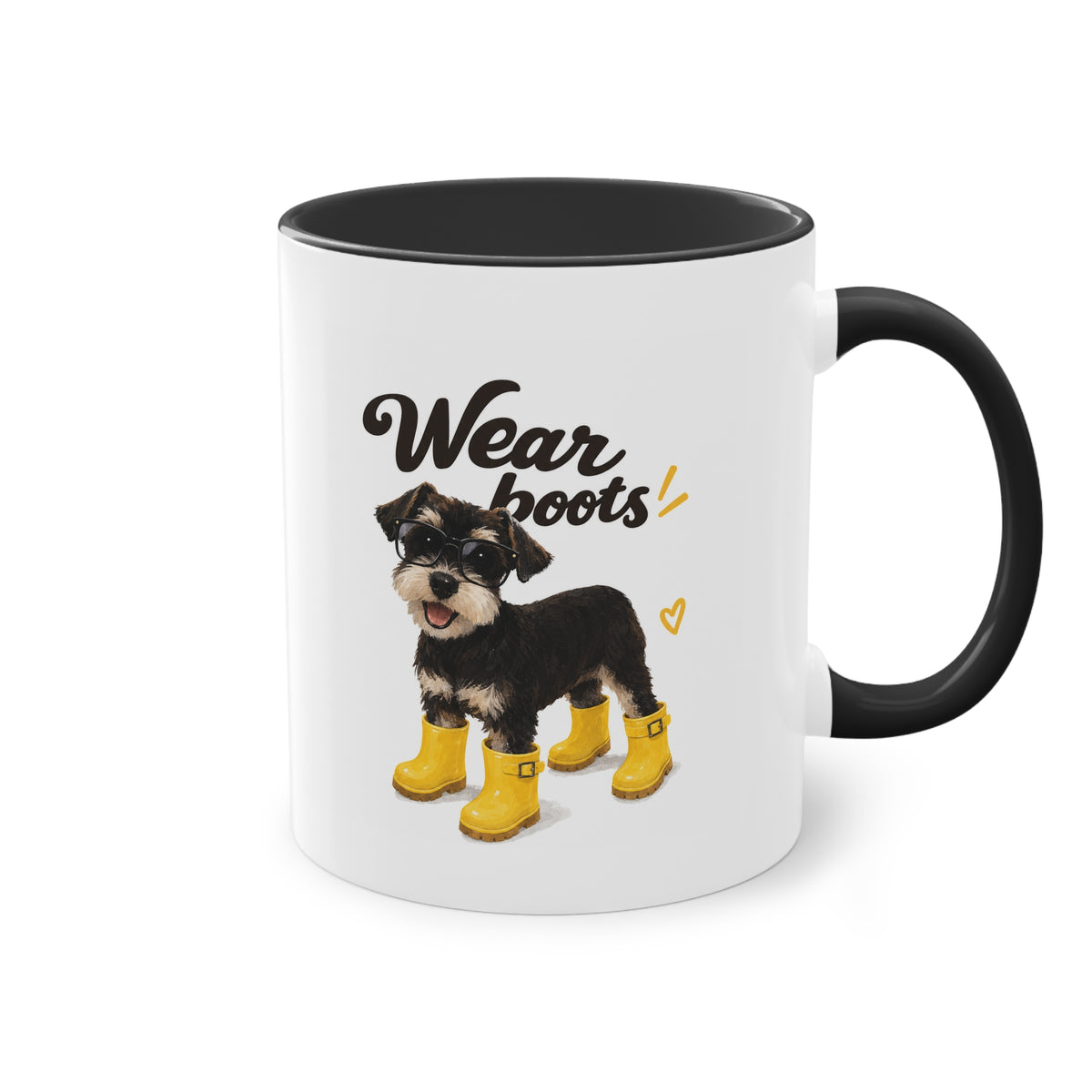 Dog Mom Coffee Mug — Cute Puppy in Rain Boots Two-Tone 11oz
