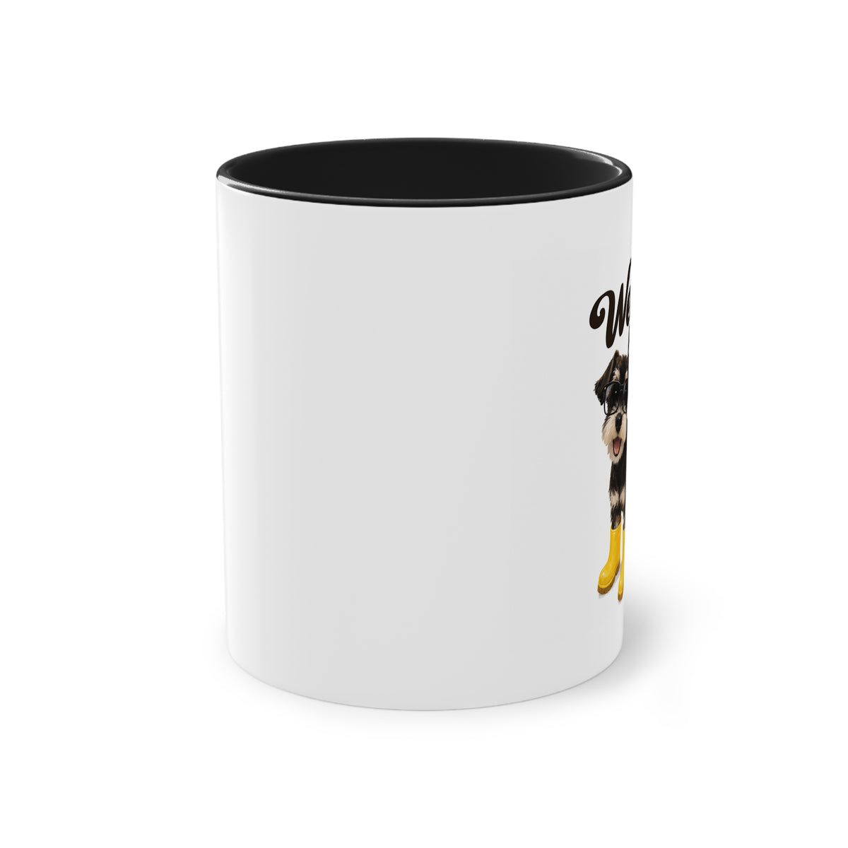 Dog Mom Coffee Mug — Cute Puppy in Rain Boots Two-Tone 11oz