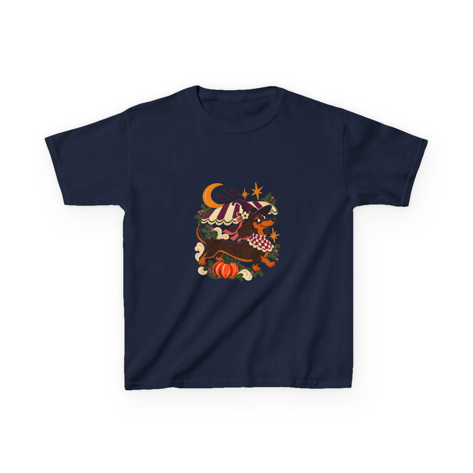 Hexen-Dackel Kinder-T-Shirt – Halloween-Motiv