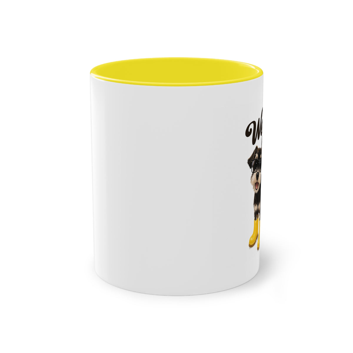 Dog Mom Coffee Mug — Cute Puppy in Rain Boots Two-Tone 11oz