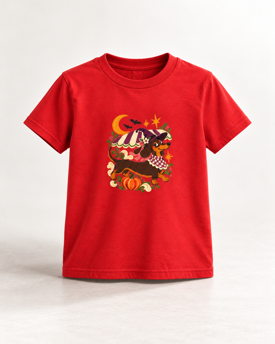 Hexen-Dackel Kinder-T-Shirt – Halloween-Motiv
