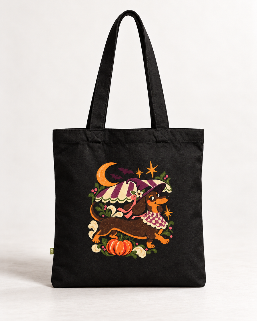 Mondlicht-Dackel Tragetasche – Halloweenmotiv aus Bio-Baumwolle