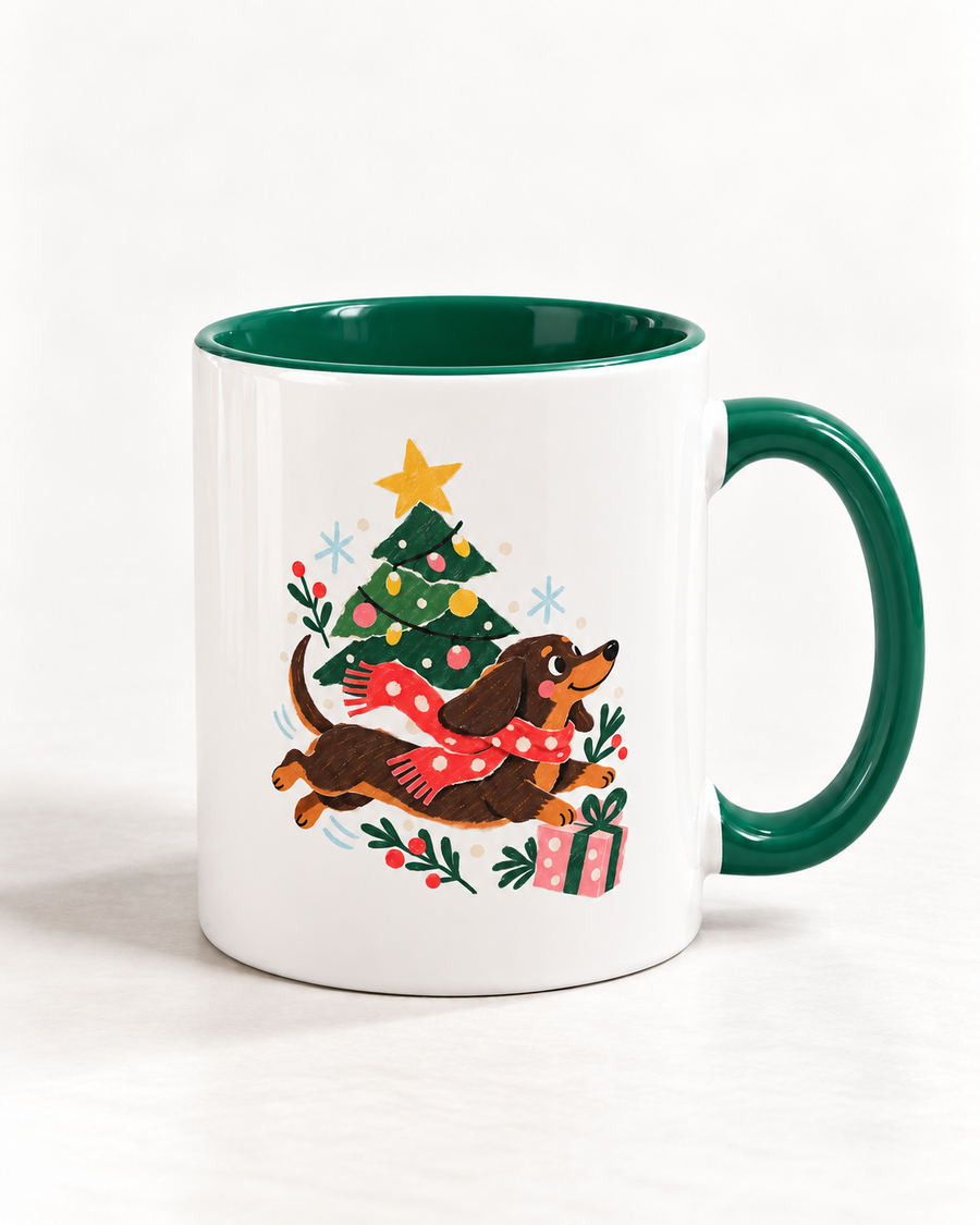 Weihnachtsflitzer-Dackel Tasse – Festlicher Zweifarben-Becher